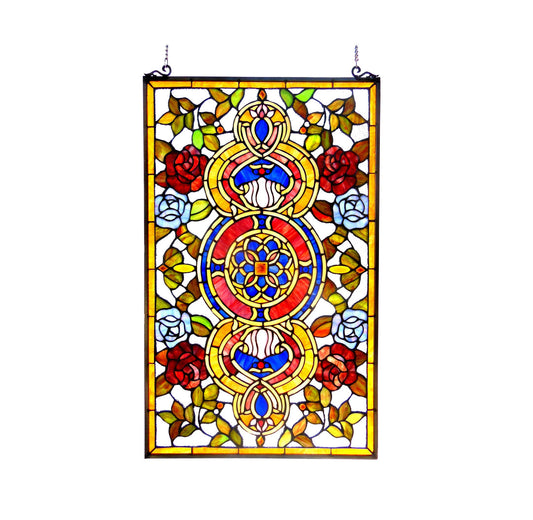 32" x 20" Victorian Rose Medallion Stained Glass Window Panel – Amber