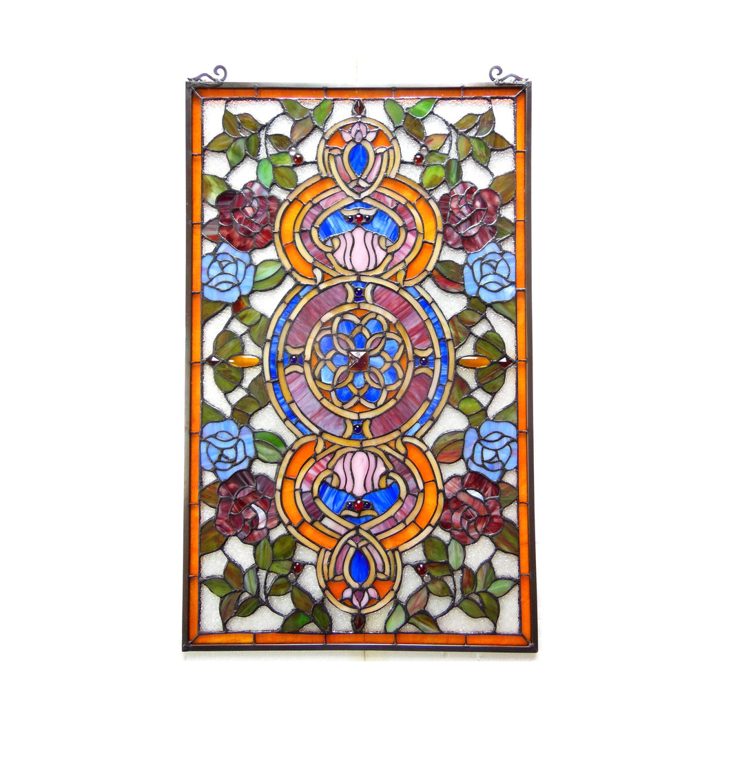 32" x 20" Victorian Rose Medallion Stained Glass Window Panel – Amber