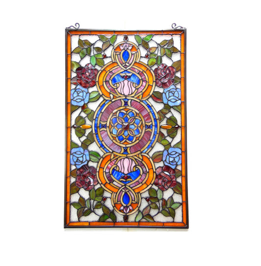 32" x 20" Victorian Rose Medallion Stained Glass Window Panel – Amber
