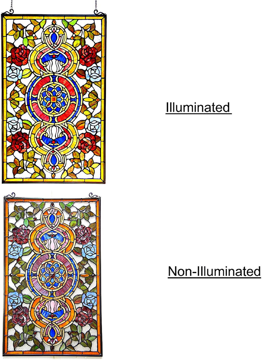 32" x 20" Victorian Rose Medallion Stained Glass Window Panel – Amber