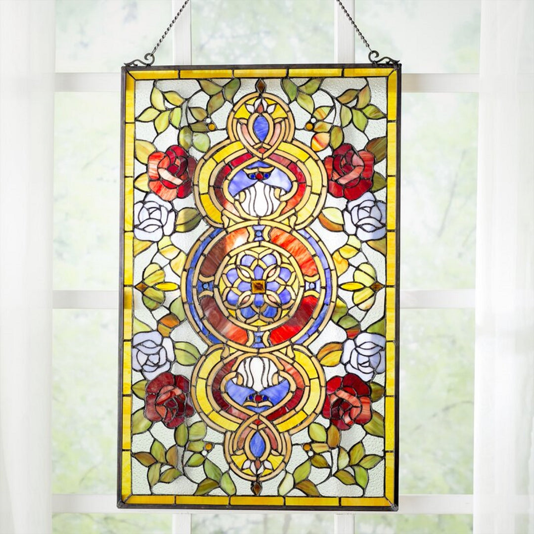 32" x 20" Victorian Rose Medallion Stained Glass Window Panel – Amber