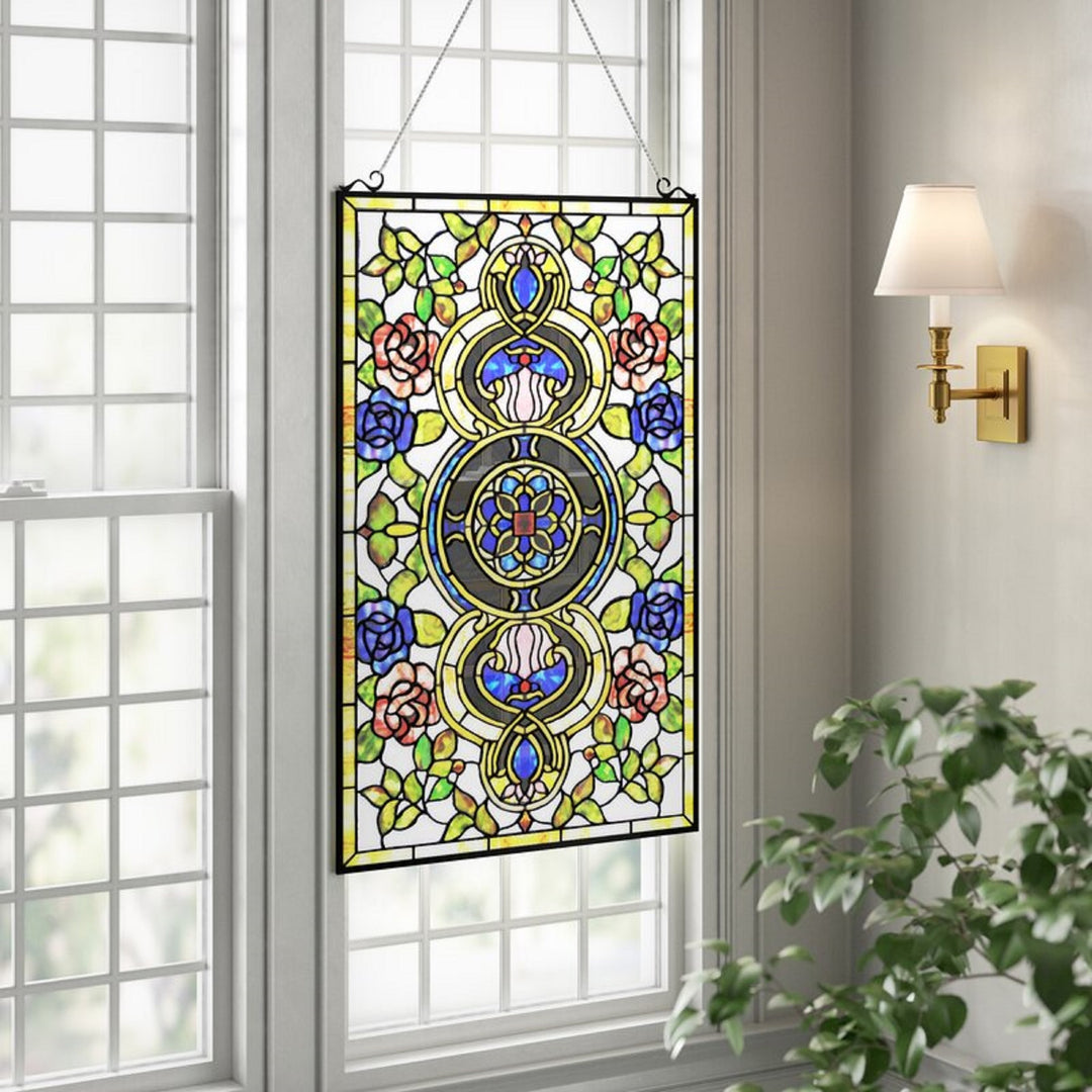 32" x 20" Victorian Rose Medallion Stained Glass Window Panel – Amber