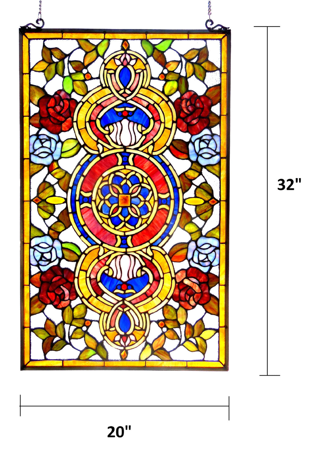 32" x 20" Victorian Rose Medallion Stained Glass Window Panel – Amber