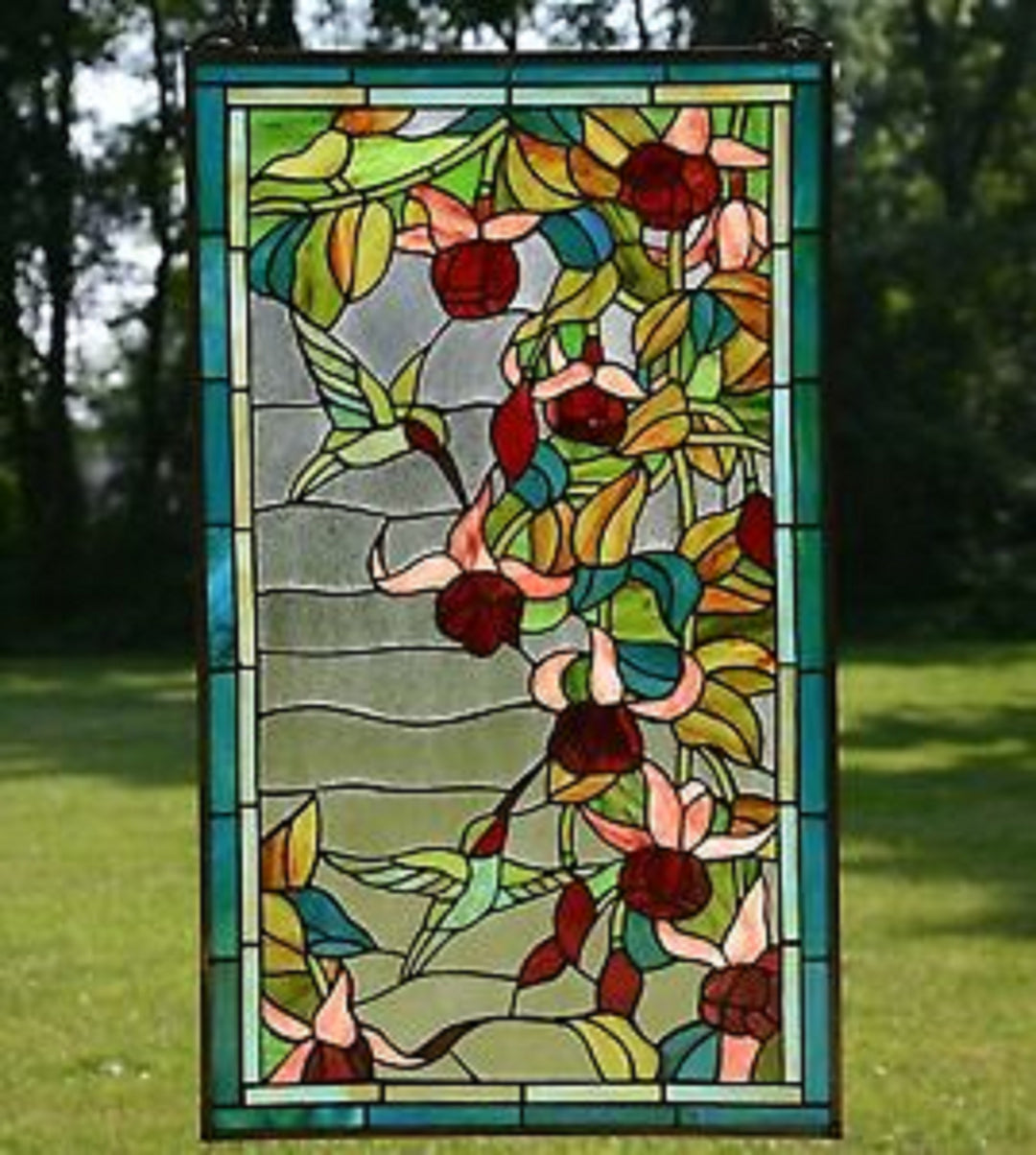 32" x 20" Hummingbird Stained Glass Window Panel