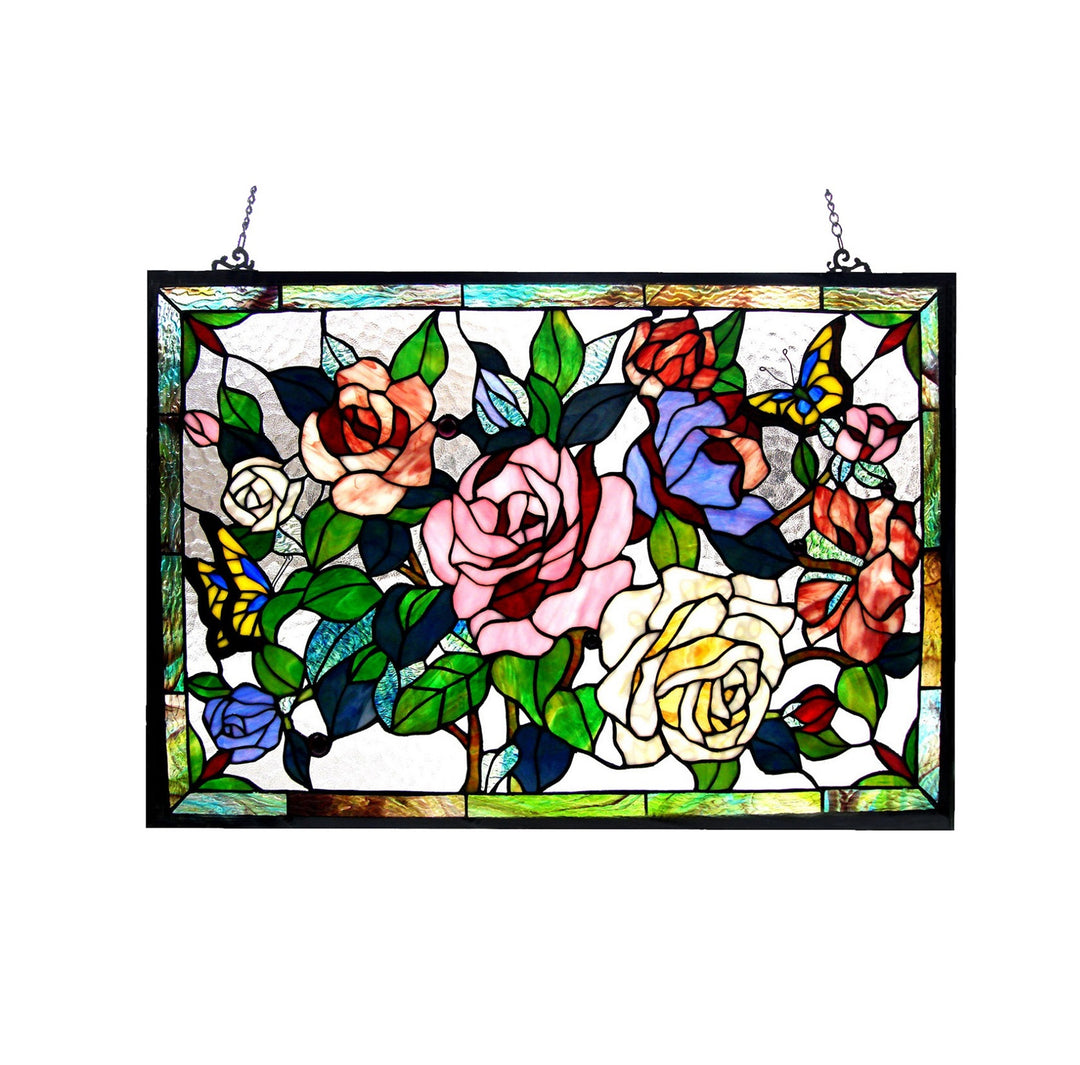 19" x 27" Butterfly & Rose Stained Glass Window Panel