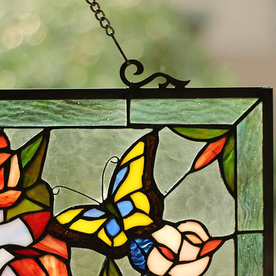 19" x 27" Butterfly & Rose Stained Glass Window Panel