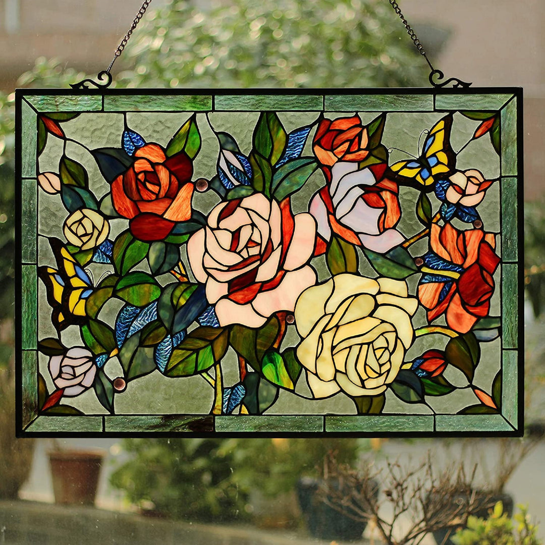 19" x 27" Butterfly & Rose Stained Glass Window Panel