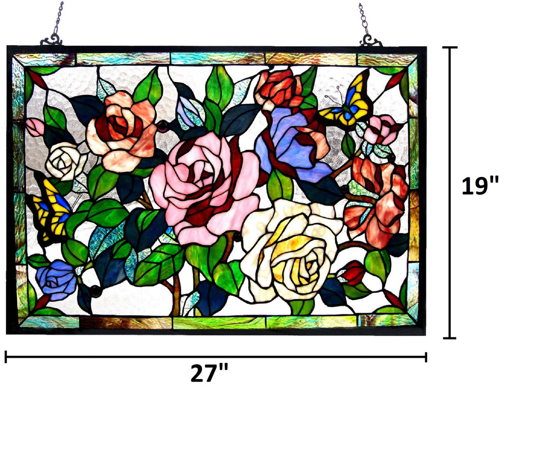 19" x 27" Butterfly & Rose Stained Glass Window Panel