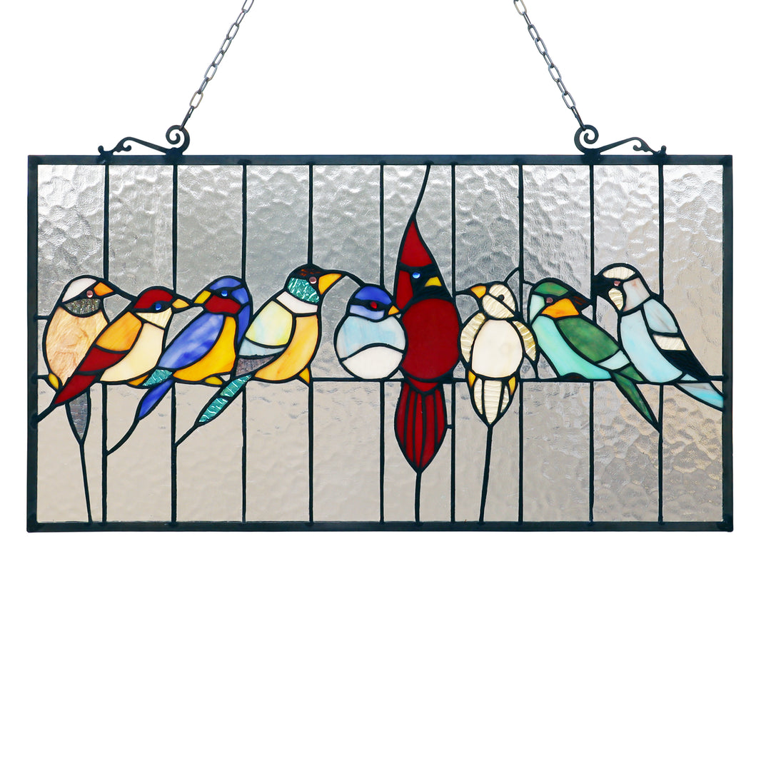 13" x 24.5" Colorful Songbirds Stained Glass Window Panel