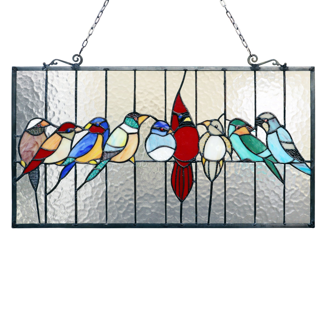 13" x 24.5" Colorful Songbirds Stained Glass Window Panel
