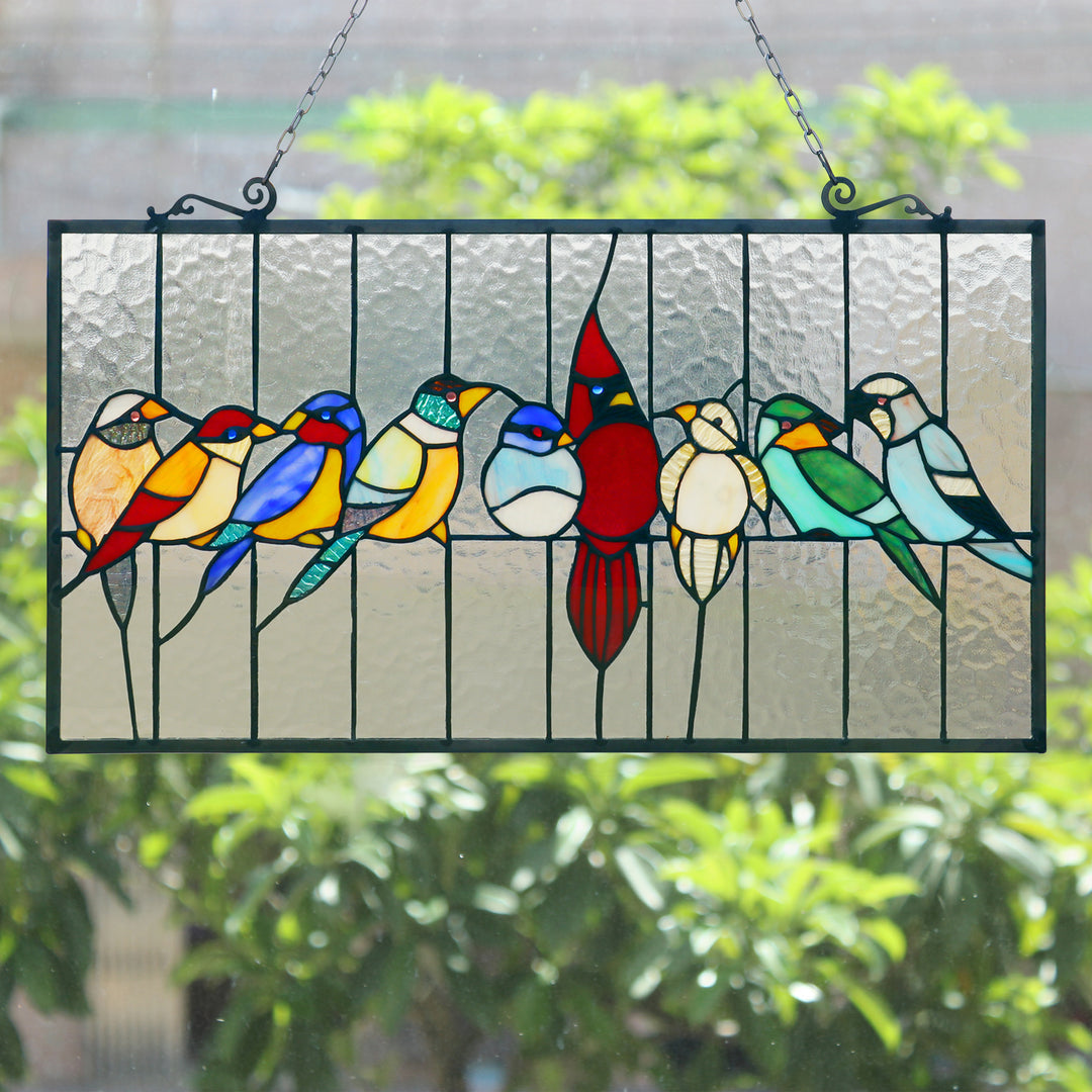 13" x 24.5" Colorful Songbirds Stained Glass Window Panel