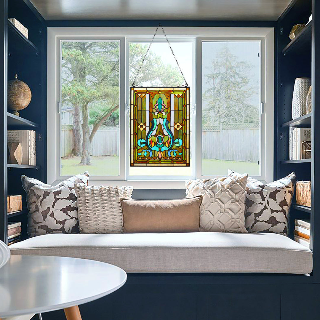 25.51" x 17.76" Victorian Geometric Stained Glass Window Panel