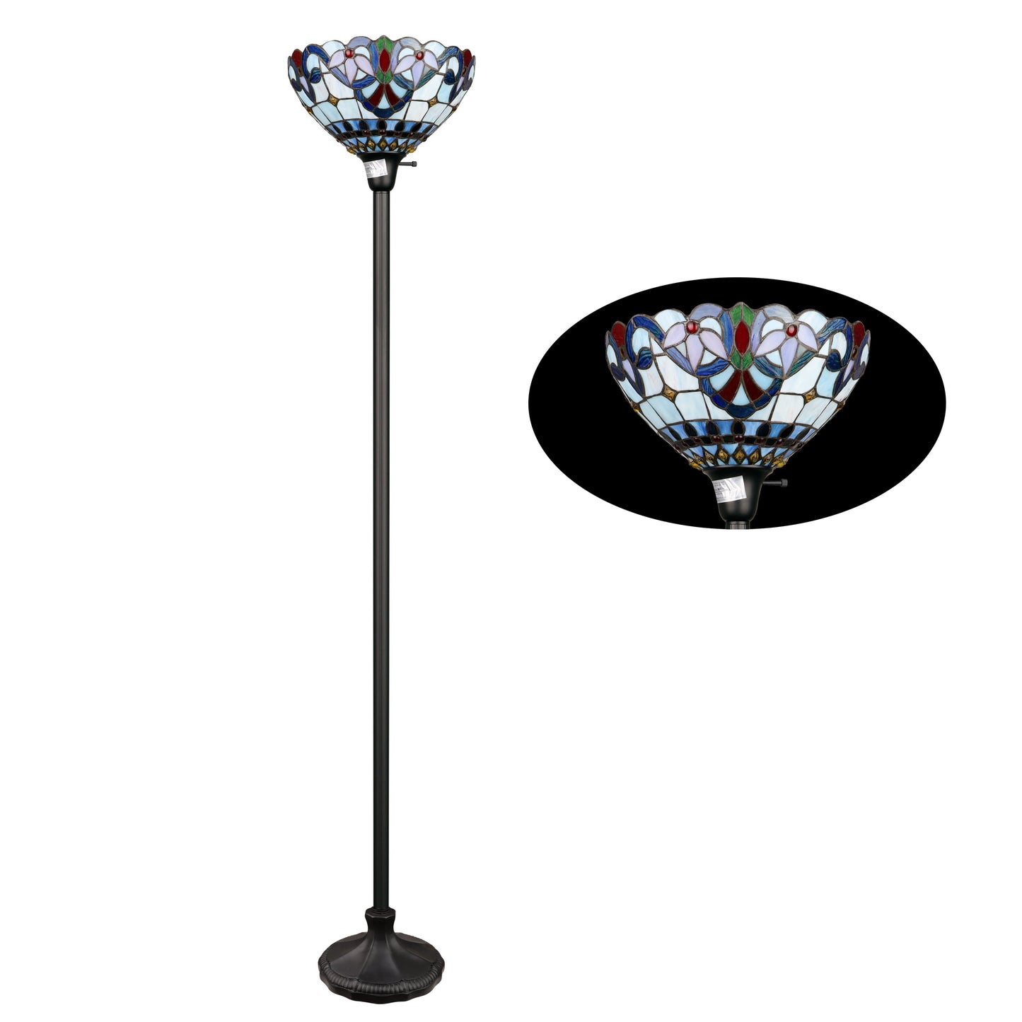 70.5" Antique Vintage Style Stained Glass Torchiere Floor Lamp