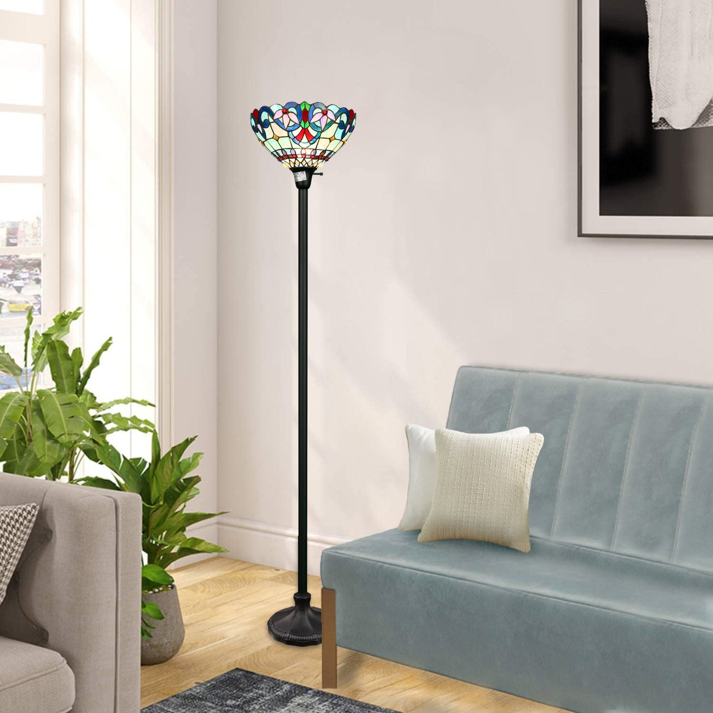 70.5" Antique Vintage Style Stained Glass Torchiere Floor Lamp
