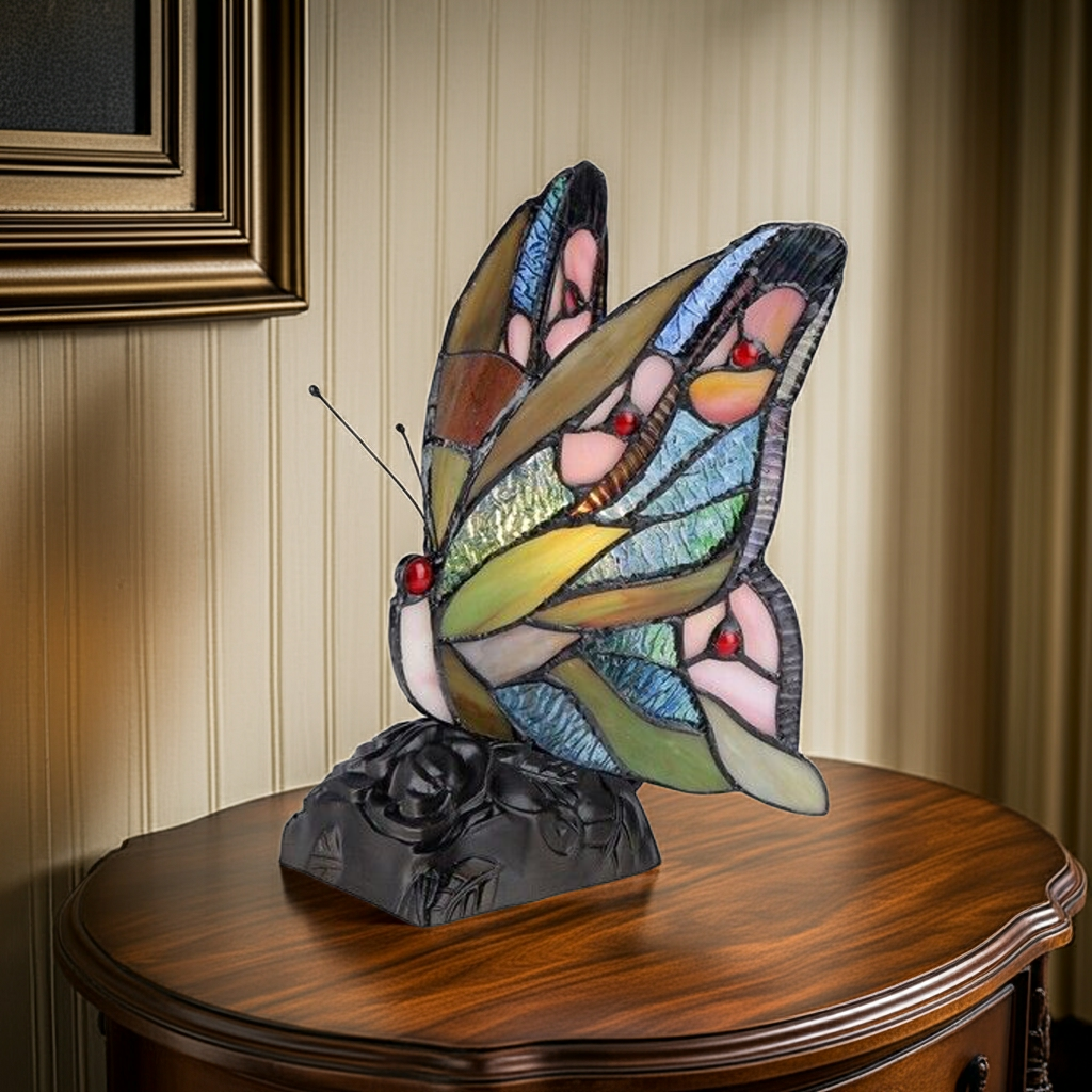 10" Blue Butterfly Stained Glass Accent light Lamp