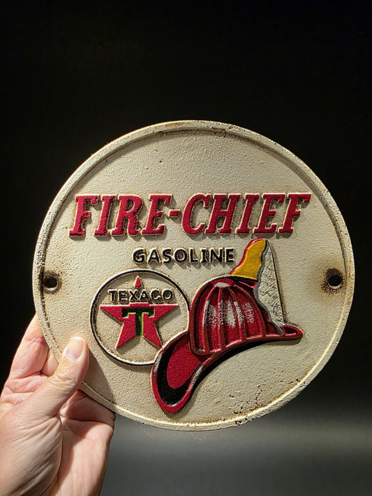 Antique Vintage Style Cast Iron Round Texaco Fire Chief Gas Oil Sign Plaque