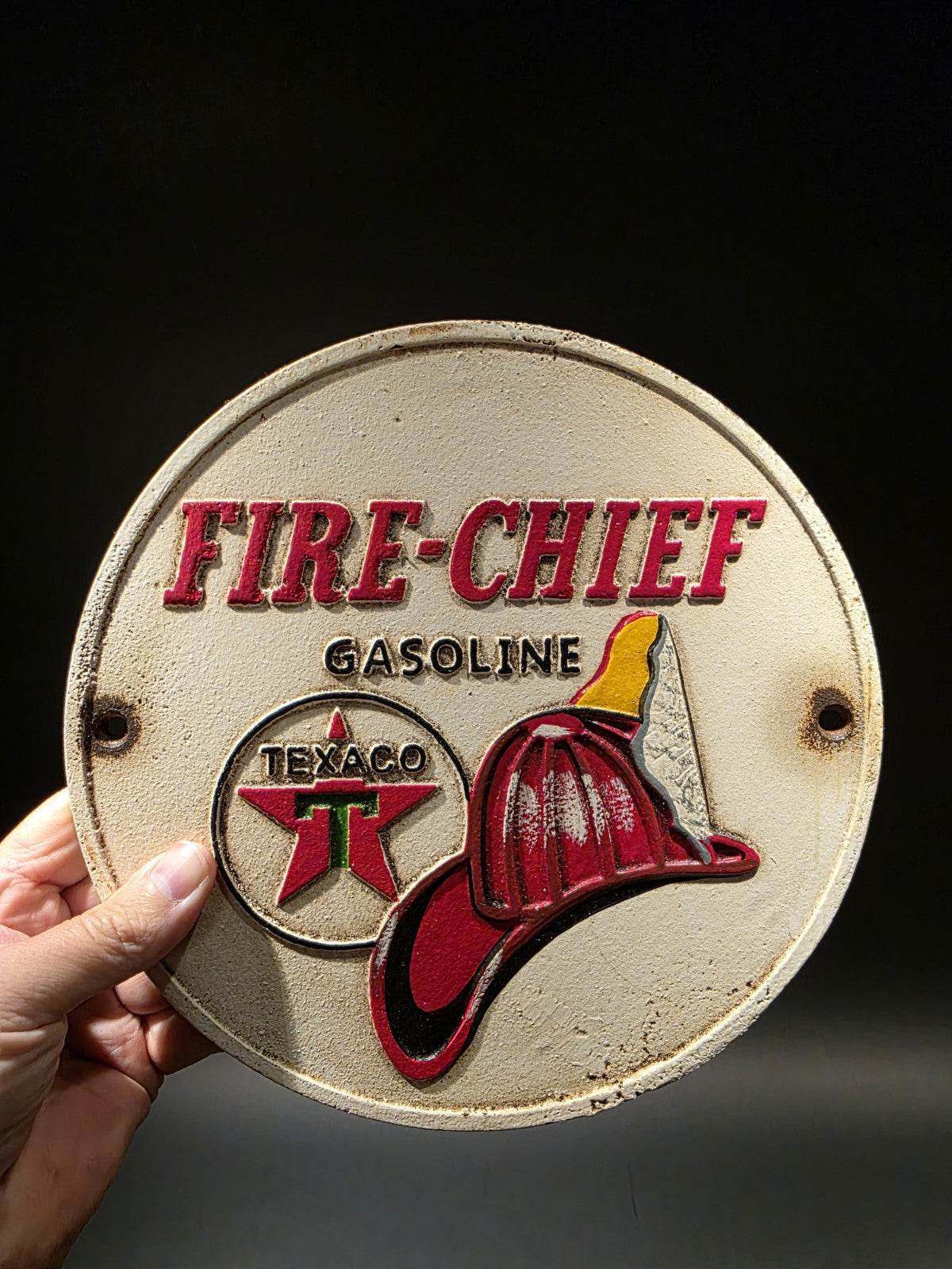 Antique Vintage Style Cast Iron Round Texaco Fire Chief Gas Oil Sign Plaque
