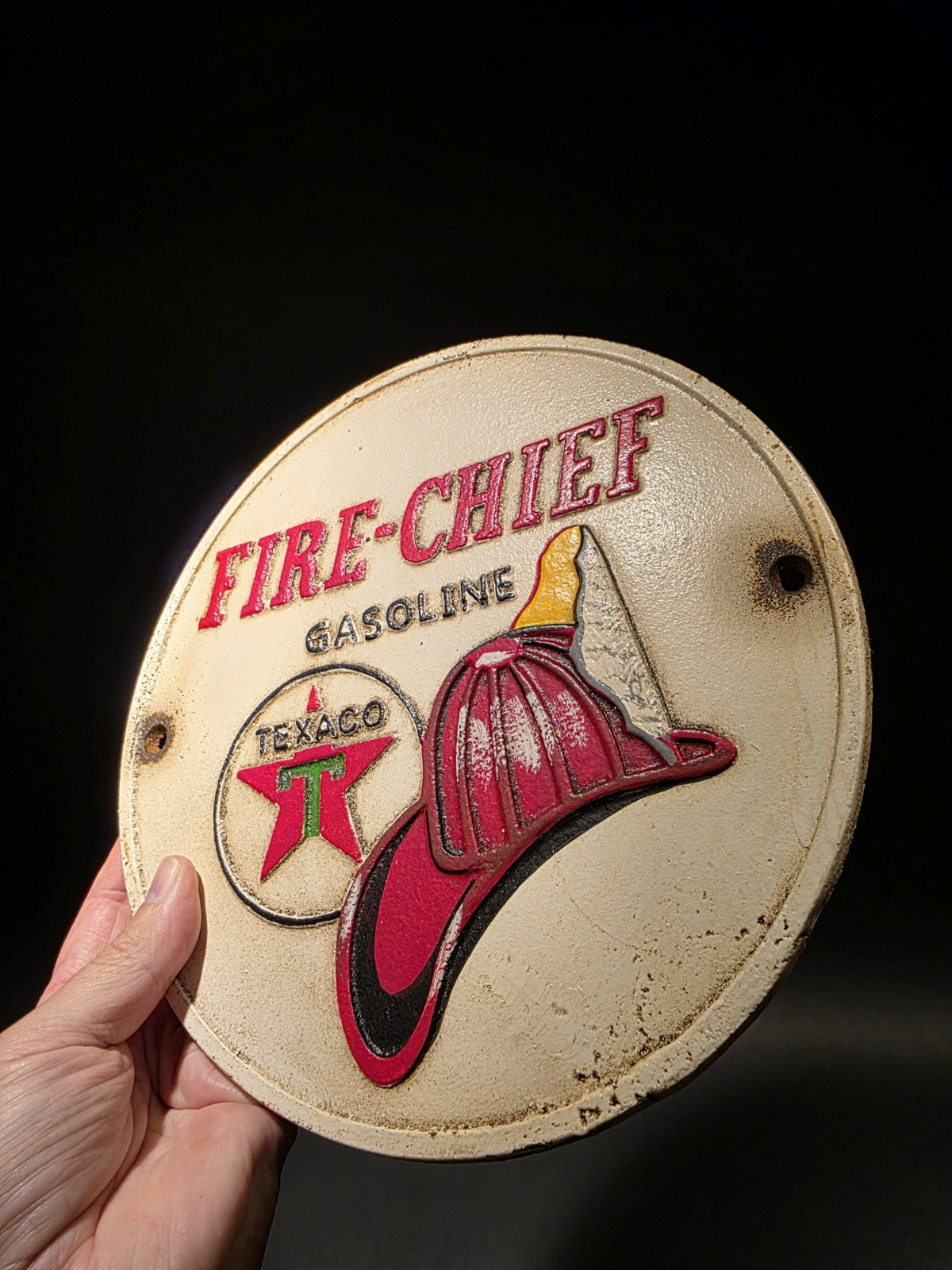 Antique Vintage Style Cast Iron Round Texaco Fire Chief Gas Oil Sign Plaque
