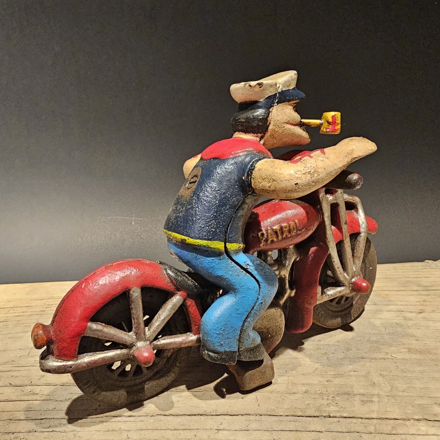 8" Antique Vintage Style Cast Iron Saylor on Patrol Motorcycle