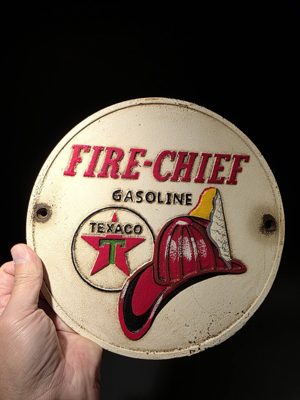 Antique Vintage Style Cast Iron Round Texaco Fire Chief Gas Oil Sign Plaque