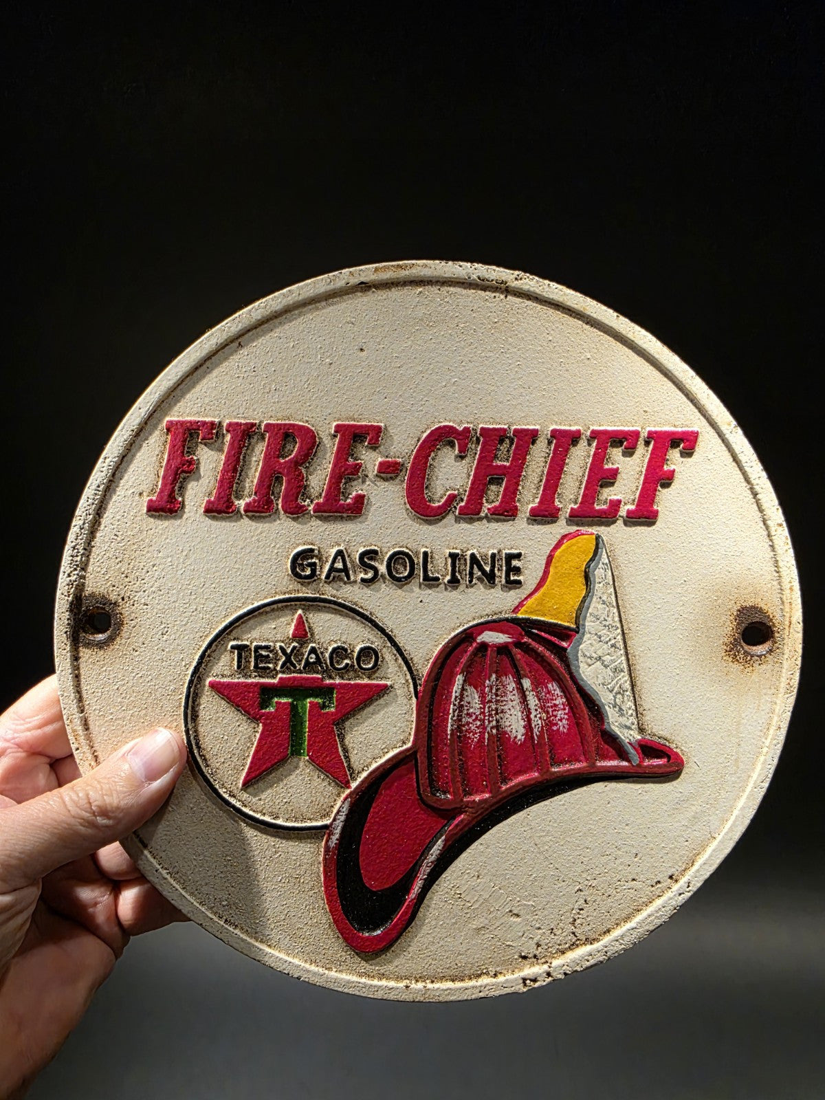 Antique Vintage Style Cast Iron Round Texaco Fire Chief Gas Oil Sign Plaque
