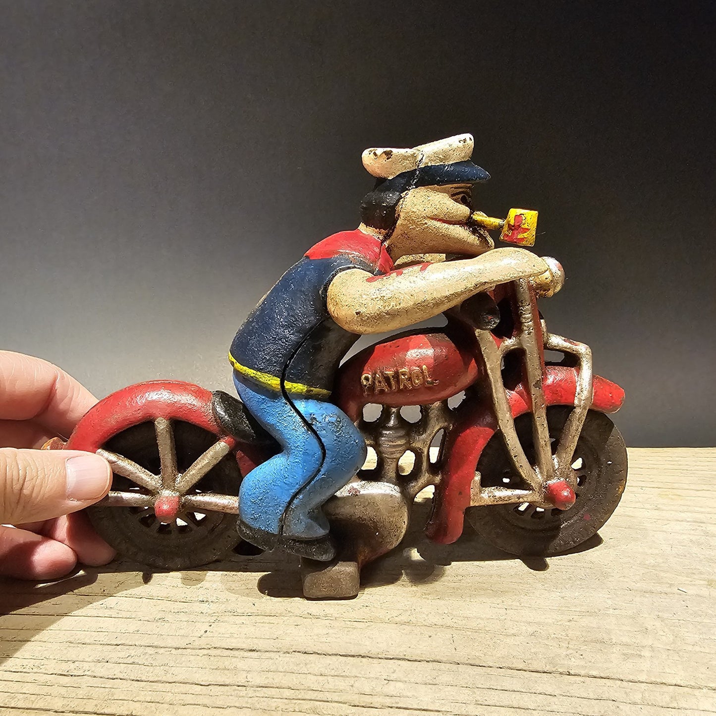 8" Antique Vintage Style Cast Iron Saylor on Patrol Motorcycle