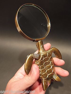 Vintage Antique Style Brass Sea Turtle Magnifying Glass Desk Hand Lens - Early Home Decor