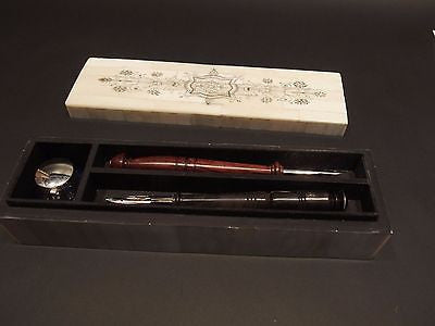 Antique Style Scrimshaw Bone & Wood Box w Inkwell 2 Dip Pens Writing Set - Early Home Decor
