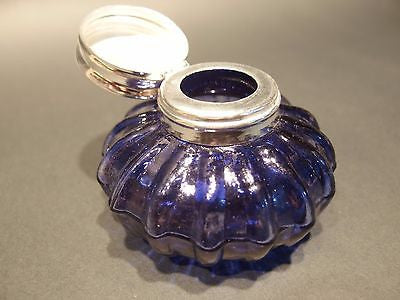 Vintage Antique Style Round Blue Glass Inkwell Ink pot Bottle - Early Home Decor