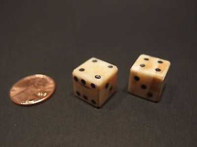 2 Antique Style Genuine Bone Gambling Handmade Dice Inlaid Pips Casino Game - Early Home Decor