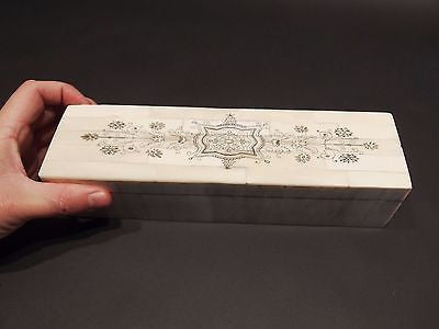 Antique Style Scrimshaw Bone & Wood Box w Inkwell 2 Dip Pens Writing Set - Early Home Decor