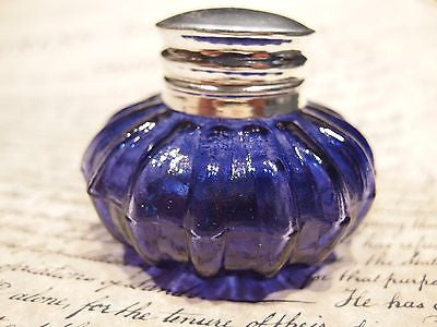 Vintage Antique Style Round Blue Glass Inkwell Ink pot Bottle - Early Home Decor