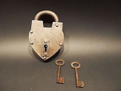 Antique Vintage Style Wrought Iron Forged Trunk Chest Box Lock & Key Padlock - Early Home Decor