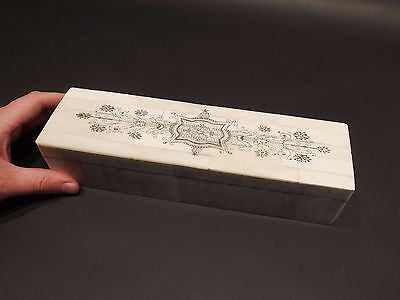 Antique Style Scrimshaw Bone & Wood Box w Inkwell 2 Dip Pens Writing Set - Early Home Decor