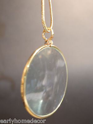 1 3/4" Vintage Antique Style, Brass Magnifying Glass Pendant Necklace - Early Home Decor