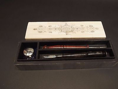 Antique Style Scrimshaw Bone & Wood Box w Inkwell 2 Dip Pens Writing Set - Early Home Decor