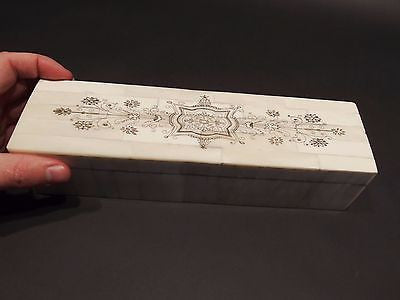 Antique Style Scrimshaw Bone & Wood Box w Inkwell 2 Dip Pens Writing Set - Early Home Decor