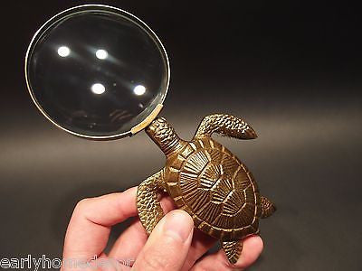 Vintage Antique Style Brass Sea Turtle Magnifying Glass Desk Hand Lens - Early Home Decor