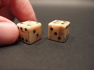 2 Antique Style Genuine Bone Gambling Handmade Dice Inlaid Pips Casino Game - Early Home Decor