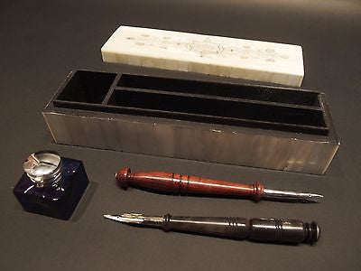 Antique Style Scrimshaw Bone & Wood Box w Inkwell 2 Dip Pens Writing Set - Early Home Decor