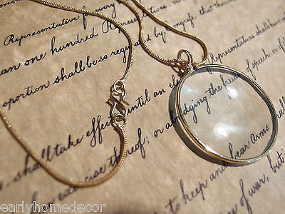 1 3/4" Vintage Antique Style, Brass Magnifying Glass Pendant Necklace - Early Home Decor
