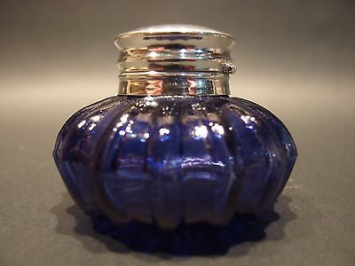 Vintage Antique Style Round Blue Glass Inkwell Ink pot Bottle - Early Home Decor