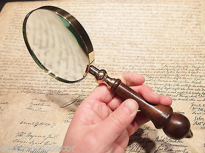 5x Vintage Antique Style Magnifying Glass Brass Turned Wood Hand Lens - Early Home Decor