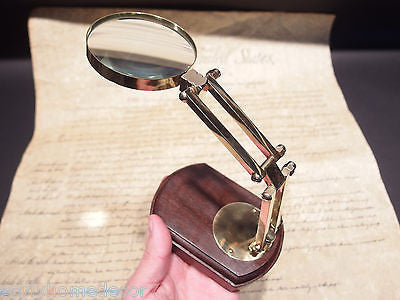 Antique Style Adjustable Magnifying Glass w Wood Base Solid Brass - Early Home Decor