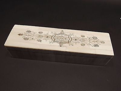 Antique Style Scrimshaw Bone & Wood Box w Inkwell 2 Dip Pens Writing Set - Early Home Decor
