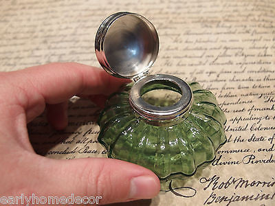 Vintage Antique Style Round Green Glass Thick Glass Inkwell Ink pot Bottle - Early Home Decor