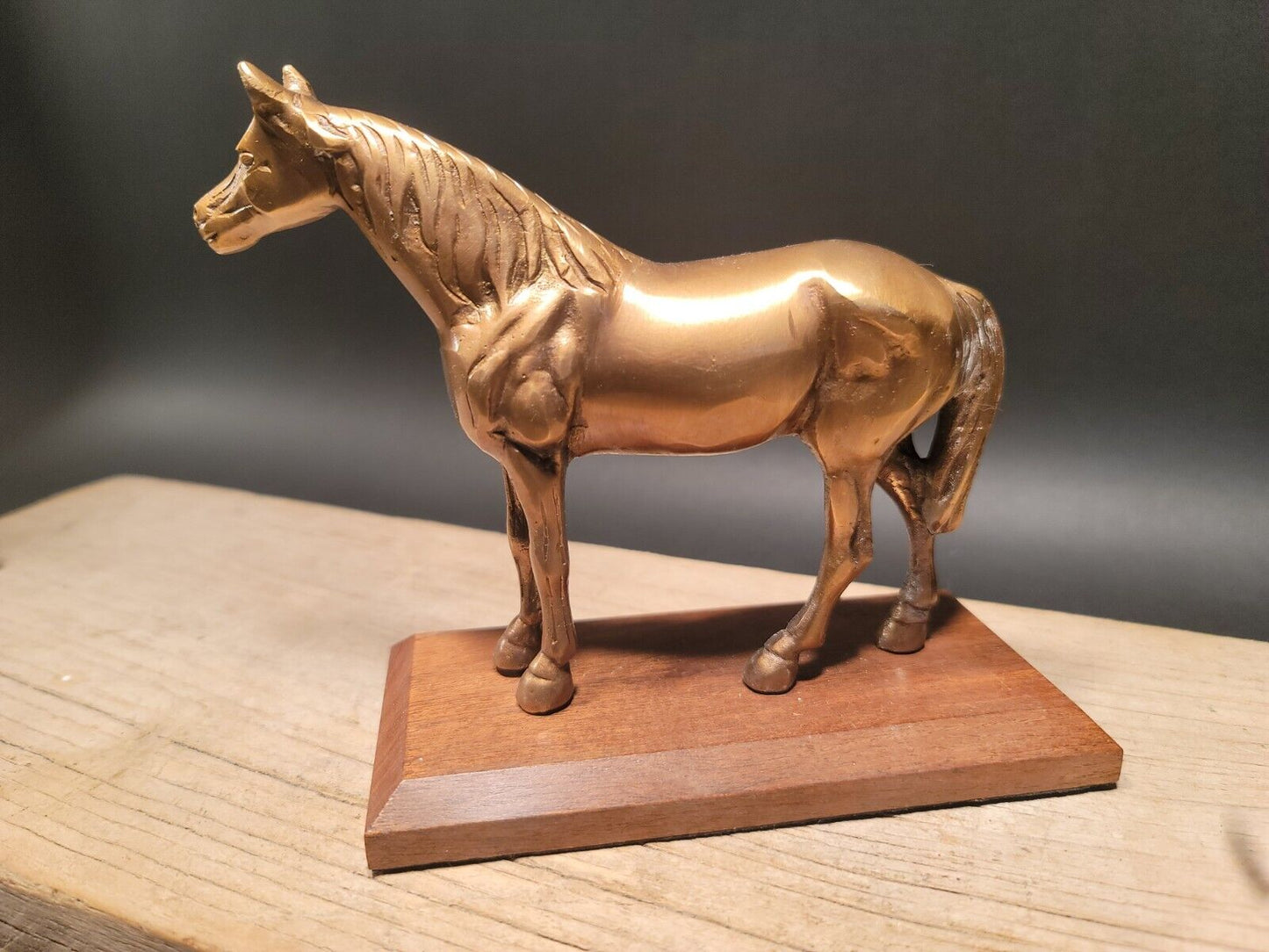 Antique Vintage Style Brass Horse Statue Wood Base