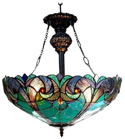 18" Antique Vintage Style Stained Glass Inverted Pendant Ceiling Uplight