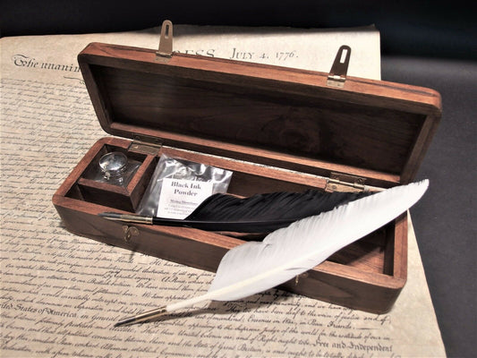 Antique Vintage Style Wood Writing Box Desk Set w Inkwell 2 Feather Dip Pen Ink - Early Home Decor