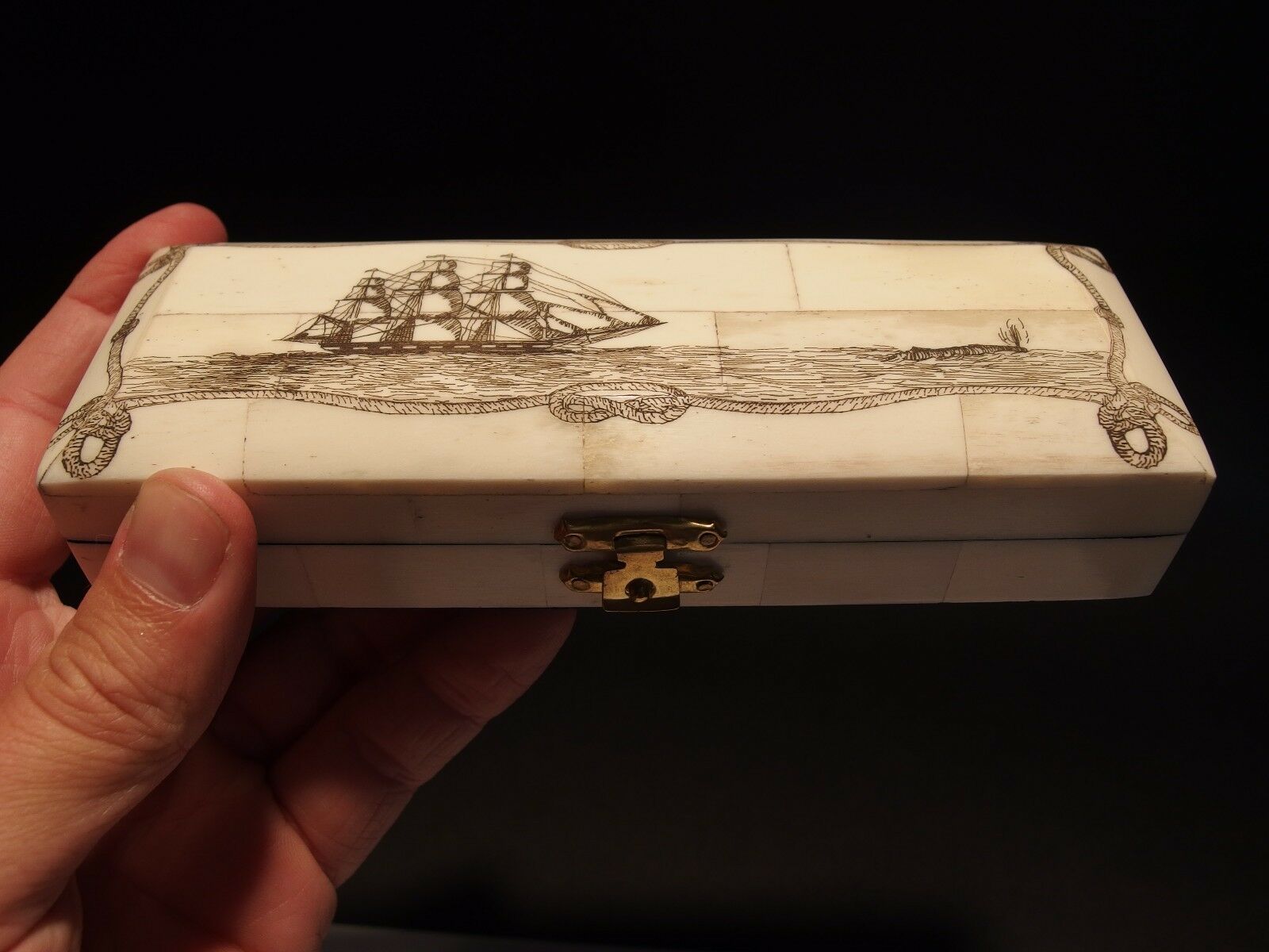 Antique Style Whale Chase Scrimshaw Etched Bone & Wood Trinket Stamp Jewelry Box - Early Home Decor